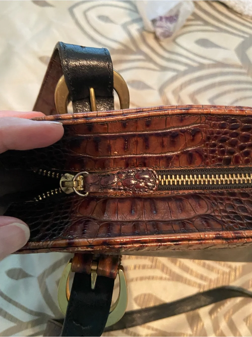 Brahmin Tuscan Collection Black & Brown Croc Embossed Leather Satchel Tote Bag